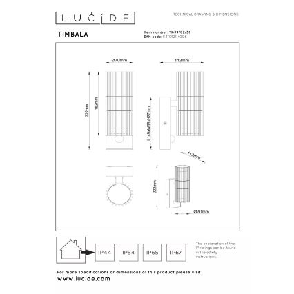Lucide 11839/02/30 - Venkovní nástěnné svítidlo se senzorem TIMBALA 2xGU10/7W/230V IP44