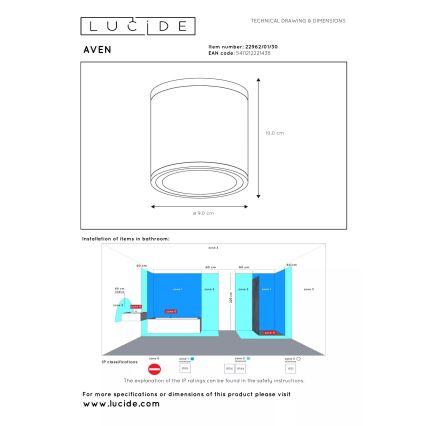 Lucide 22962/01/30 - Koupelnové stropní svítidlo AVEN 1xGU10/50W/230V pr. 9 cm IP65 černá