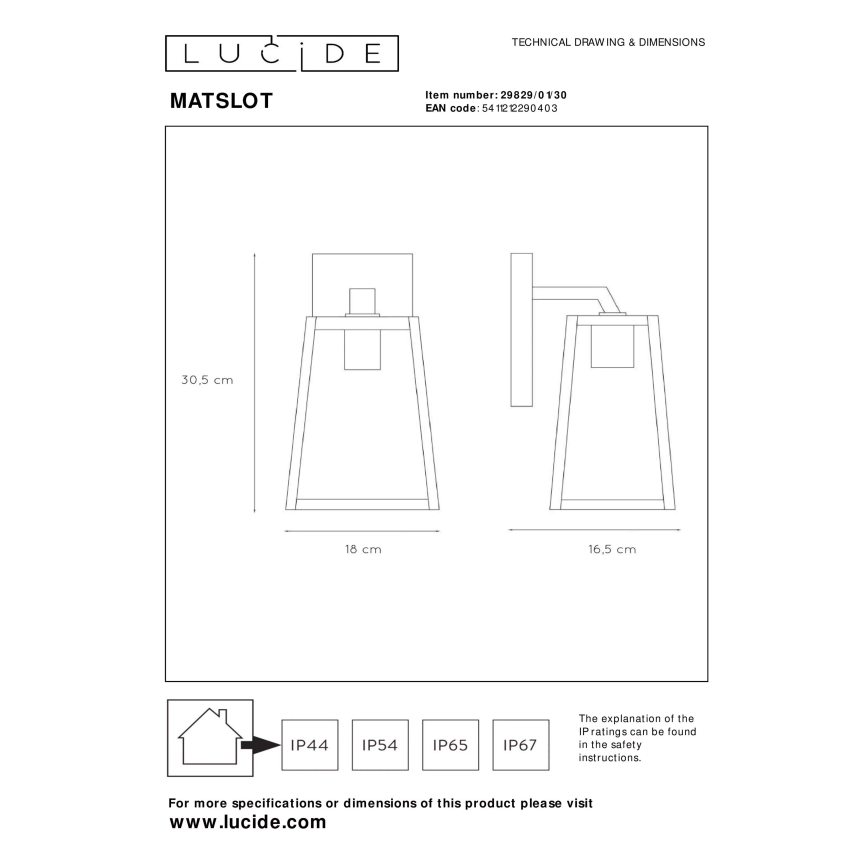 Lucide 29829/01/30 - Venkovní nástěnné svítidlo MATSLOT 1xE27/40W/230V IP23