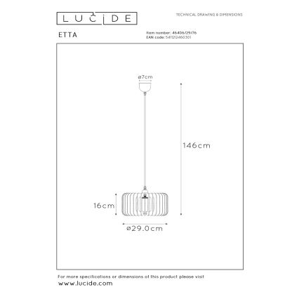 Lucide 46406/29/76 - Lustr na lanku ETTA 1xE27/40W/230V pr. 29 cm dřevo