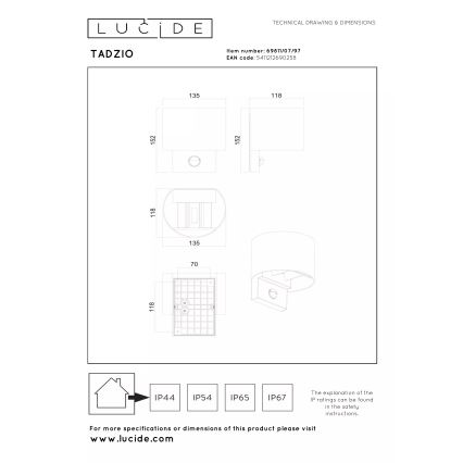 Lucide 69811/07/97 - LED Venkovní nástěnné svítidlo se senzorem pohybu TADZIO LED/7W/230V IP65