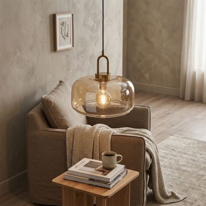 Lustr na lanku AMAYA 1xE27/15W/230V zlatá/kouřová béžová