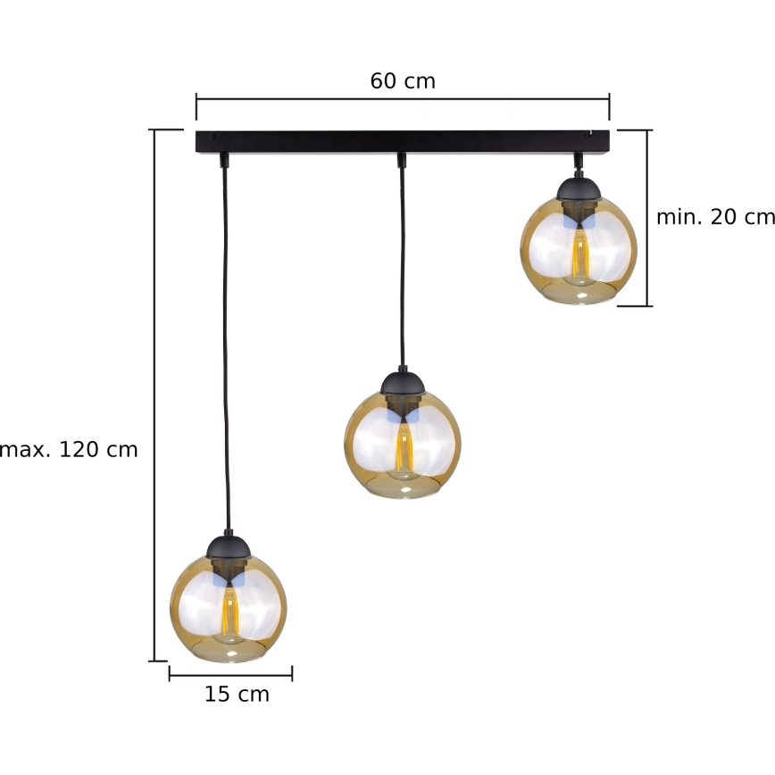 Lustr na lanku AMBRE BLACK 3xE27/60W/230V černá/kouřová hnědá
