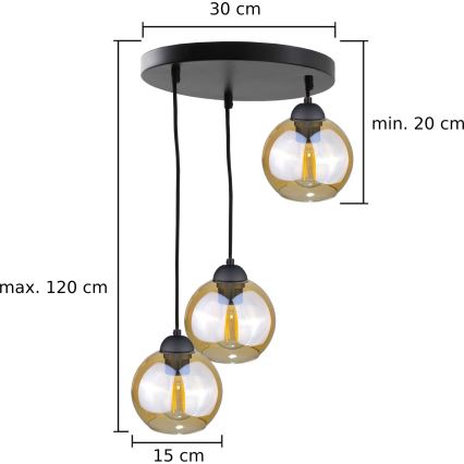 Lustr na lanku AMBRE BLACK 3xE27/60W/230V pr. 30 cm