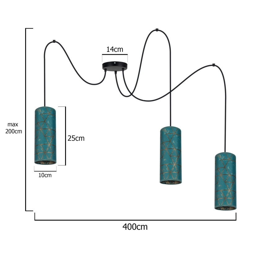 Lustr na lanku AVALO 3xE27/60W/230V pavouk tyrkysová/zlatá