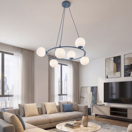 Lustr na lanku AZURA 6xE14/10W/230V modrá/bílá
