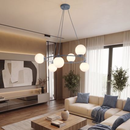 Lustr na lanku AZURA 6xE14/10W/230V modrá/bílá