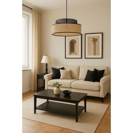 Lustr na lanku BOHO 1xE27/60W/230V pr. 40 cm černá/ratan