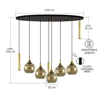 Lustr na lanku CALYPSO 3xGU10/60W/230V + 5xE27/60W černá/zlatá