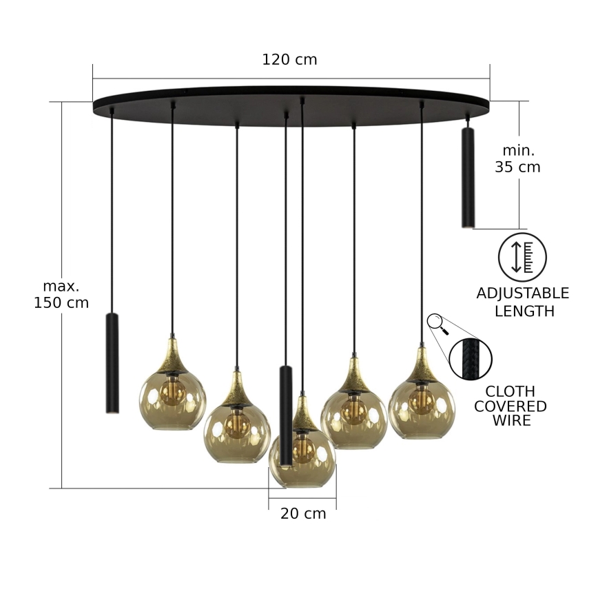 Lustr na lanku CALYPSO 3xGU10/60W/230V + 5xE27/60W černá/zlatá