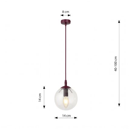 Lustr na lanku COSMO 1xE14/10W/230V pr. 14 cm červená/čirá
