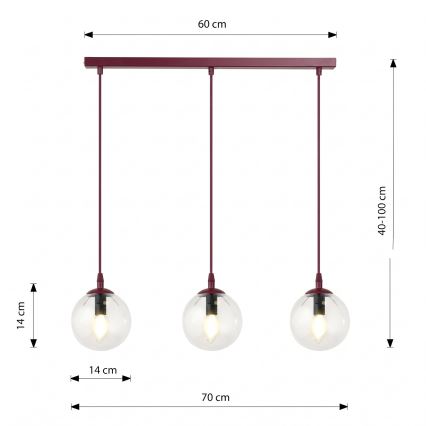 Lustr na lanku COSMO 3xE14/10W/230V červená/čirá