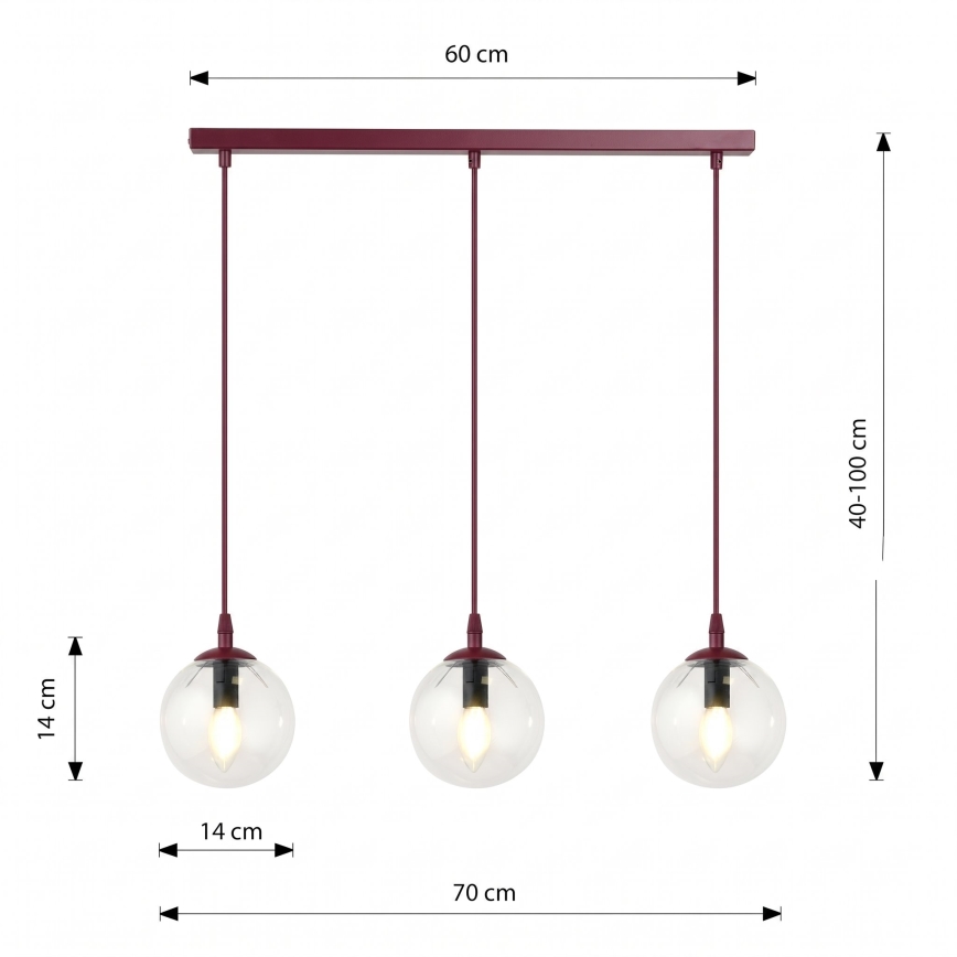 Lustr na lanku COSMO 3xE14/10W/230V červená/čirá