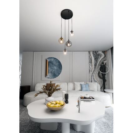 Lustr na lanku COSMO 4xE14/10W/230V pr. 40 cm černá/čirá/kouřová černá/béžová