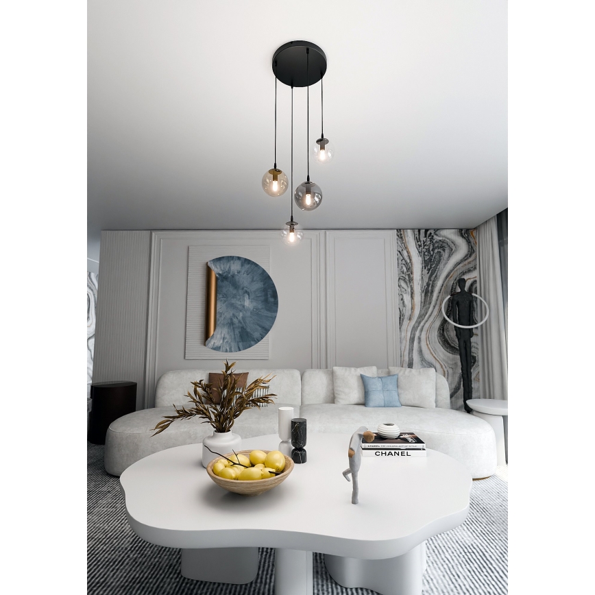 Lustr na lanku COSMO 4xE14/10W/230V pr. 40 cm černá/čirá/kouřová černá/béžová