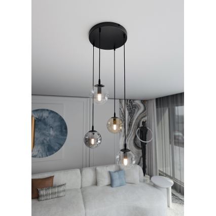 Lustr na lanku COSMO 4xE14/10W/230V pr. 40 cm černá/čirá/kouřová černá/béžová