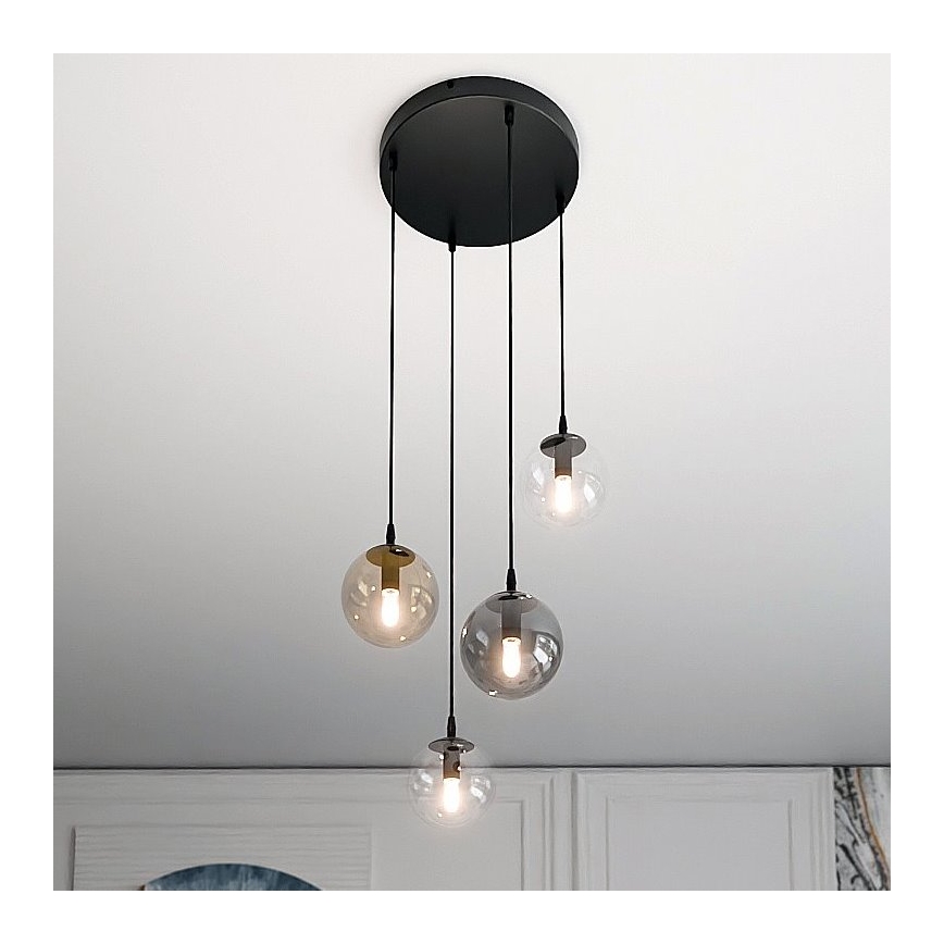 Lustr na lanku COSMO 4xE14/10W/230V pr. 40 cm černá/čirá/kouřová černá/béžová