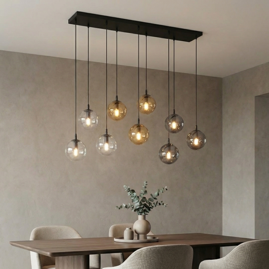 Lustr na lanku COSMO 9xE14/10W/230V černá/šedá/béžová/čirá