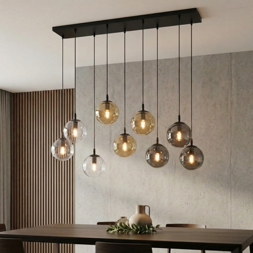 Lustr na lanku COSMO 9xE14/10W/230V černá/šedá/béžová/čirá