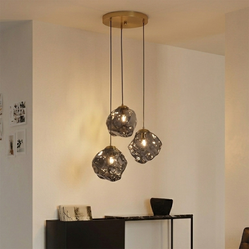 Lustr na lanku CRISTAL 3xE14/15W/230V mosaz/kouřová černá