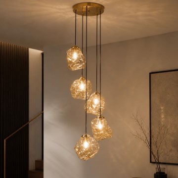 Lustr na lanku CRISTAL 5xE14/15W/230V mosaz/kouřová béžová