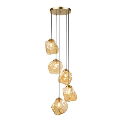 Lustr na lanku CRISTAL 5xE14/15W/230V mosaz/kouřová béžová