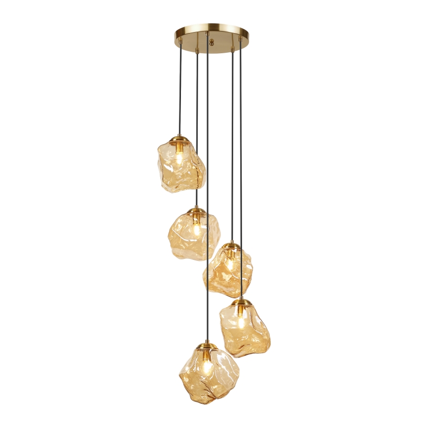 Lustr na lanku CRISTAL 5xE14/15W/230V mosaz/kouřová béžová