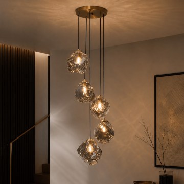 Lustr na lanku CRISTAL 5xE14/15W/230V mosaz/kouřová černá