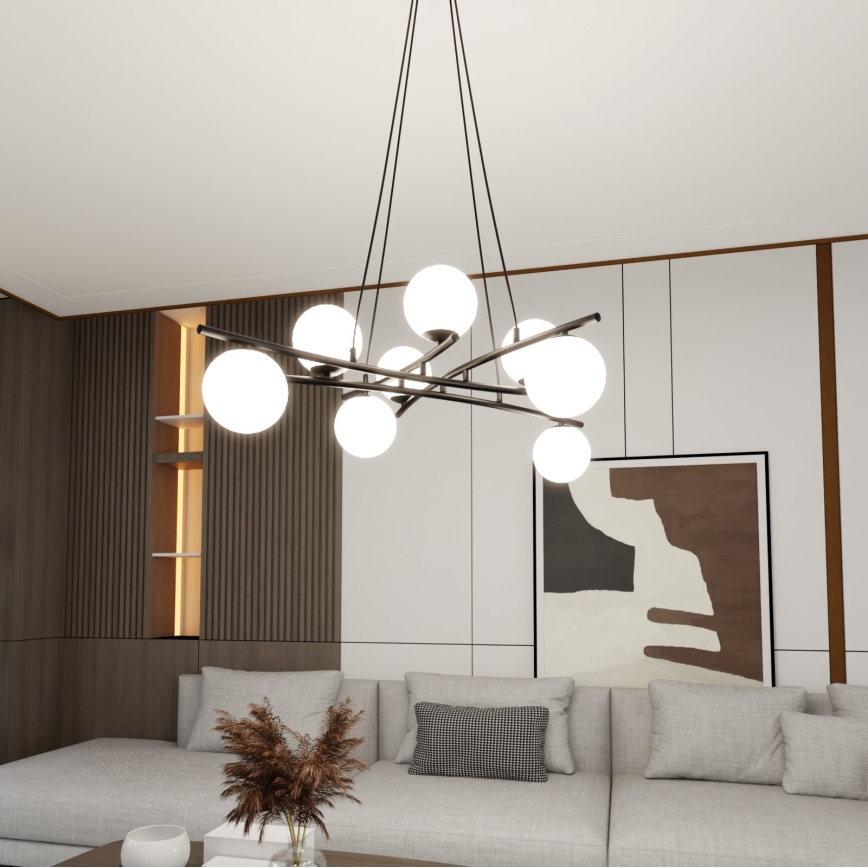 Lustr na lanku ESSA 8xE14/10W/230V černá/bílá