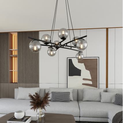 Lustr na lanku ESSA 8xE14/10W/230V černá/kouřová