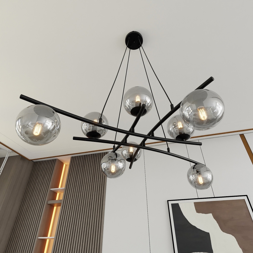 Lustr na lanku ESSA 8xE14/10W/230V černá/kouřová