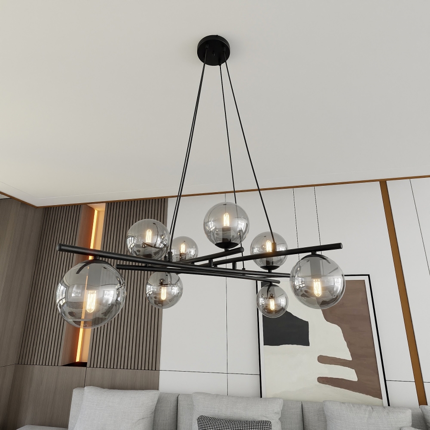 Lustr na lanku ESSA 8xE14/10W/230V černá/kouřová