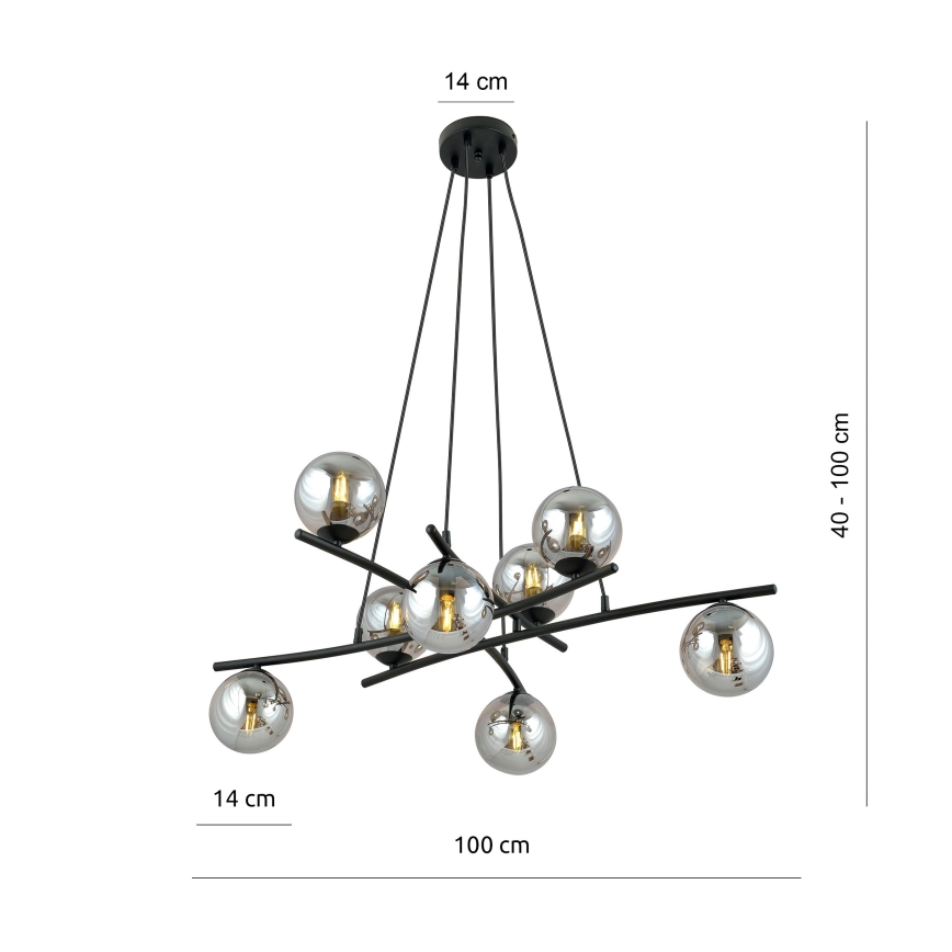 Lustr na lanku ESSA 8xE14/10W/230V černá/kouřová