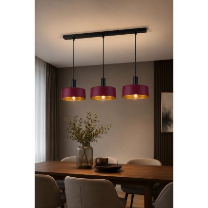 Lustr na lanku HAKI 3xE27/60W/230V vínová/černá