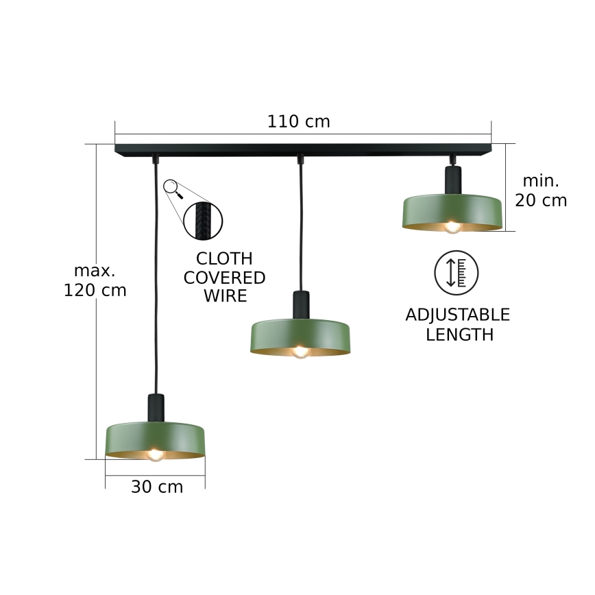 Lustr na lanku HAKI 3xE27/60W/230V zelená/černá