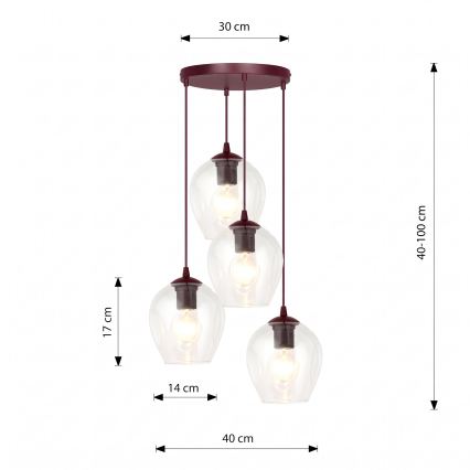 Lustr na lanku ISTAR 4xE27/15W/230V pr. 40 cm červená/čirá