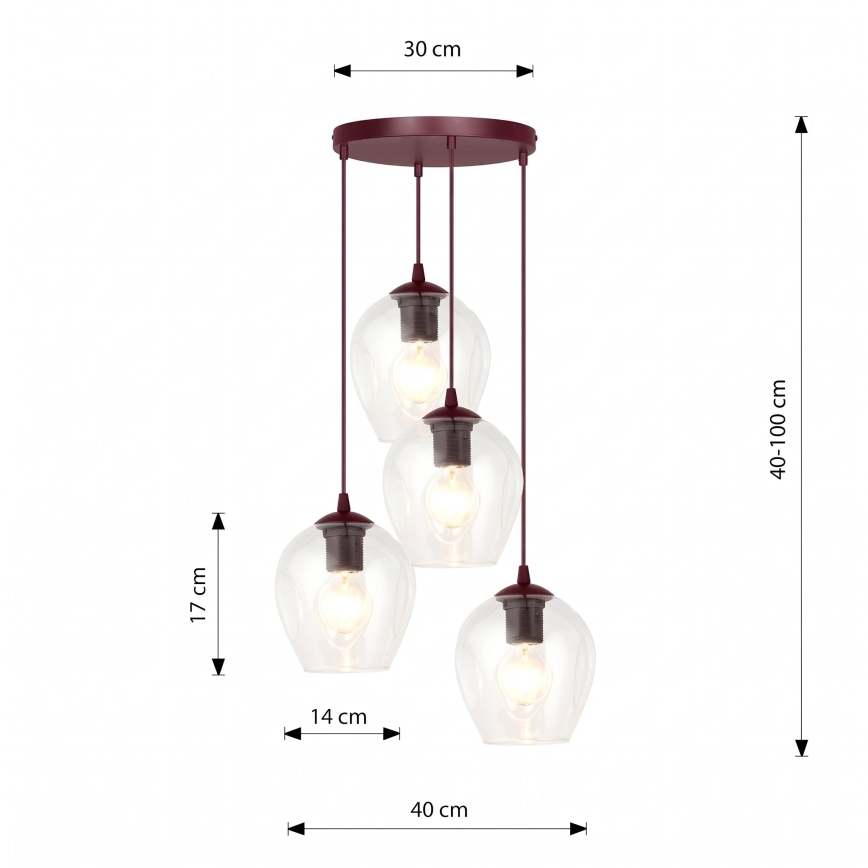 Lustr na lanku ISTAR 4xE27/15W/230V pr. 40 cm červená/čirá