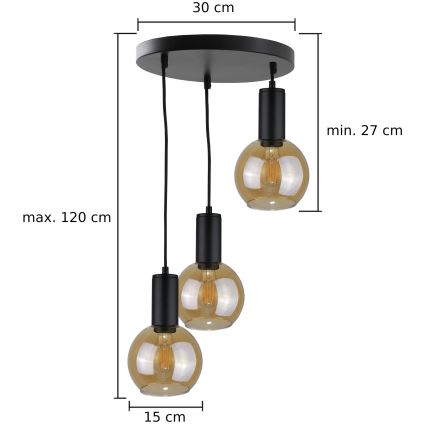 Lustr na lanku JANTAR BLACK 3xE27/60W/230V pr. 30 cm