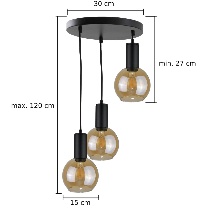 Lustr na lanku JANTAR BLACK 3xE27/60W/230V pr. 30 cm