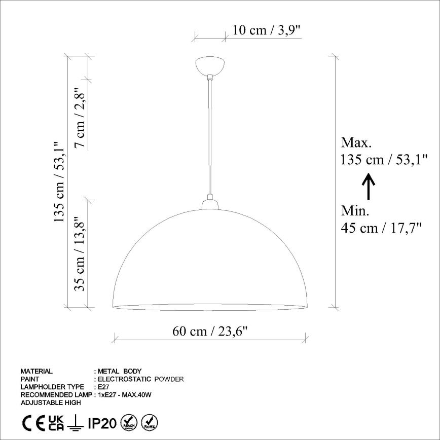 Lustr na lanku KURE 1xE27/40W/230V pr. 60 cm šedá
