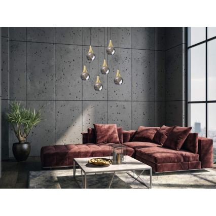 Lustr na lanku LACRIMA SMOKY 6xE27/60W/230V černá/zlatá/kouřová černá
