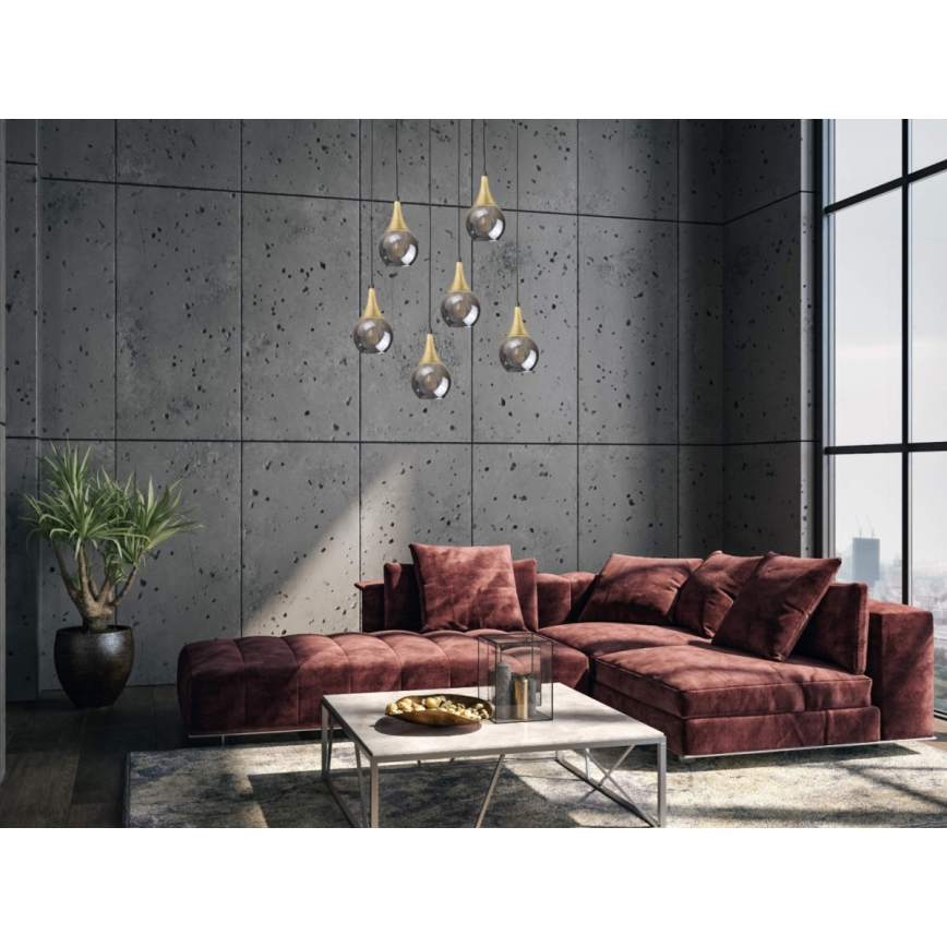 Lustr na lanku LACRIMA SMOKY 6xE27/60W/230V černá/zlatá/kouřová černá