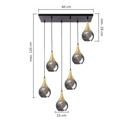Lustr na lanku LACRIMA SMOKY 6xE27/60W/230V černá/zlatá/kouřová černá
