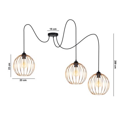 Lustr na lanku MATT 3xE27/60W/230V pavouk černá/měděná