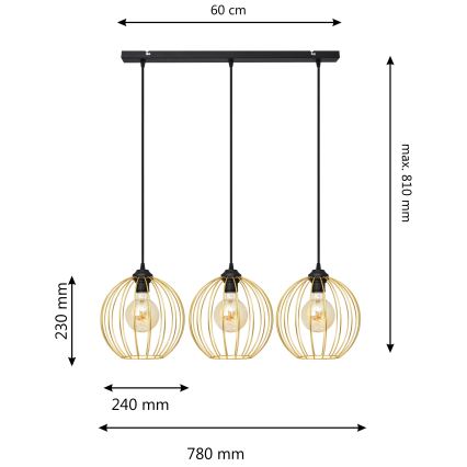 Lustr na lanku MERCURE 3xE27/15W/230V zlatá/černá
