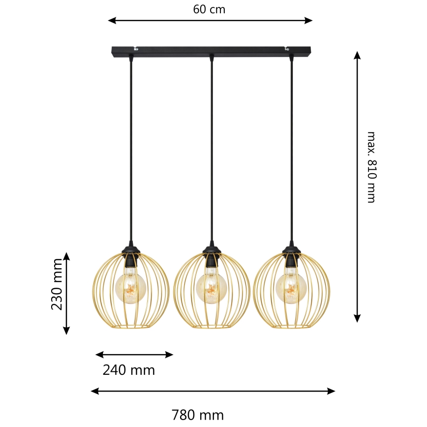 Lustr na lanku MERCURE 3xE27/15W/230V zlatá/černá