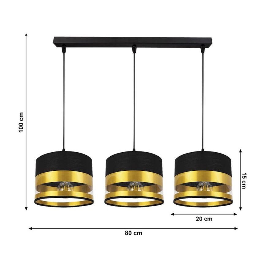 Lustr na lanku MILO 3xE27/60W/230V zlatá/černá