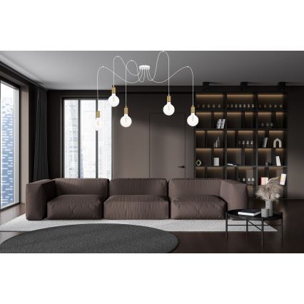 Lustr na lanku MIROS 5xE27/60W/230V pavouk bílá/zlatá