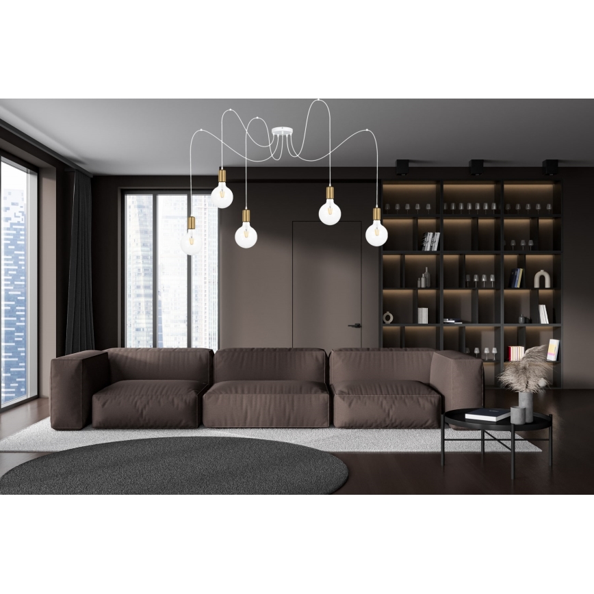 Lustr na lanku MIROS 5xE27/60W/230V pavouk bílá/zlatá