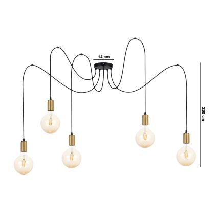 Lustr na lanku MIROS 5xE27/60W/230V pavouk černá/zlatá